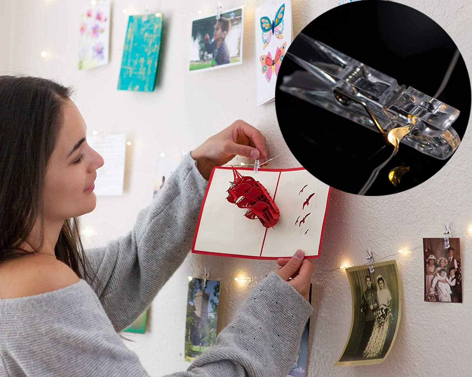 Clipping a card onto the string light