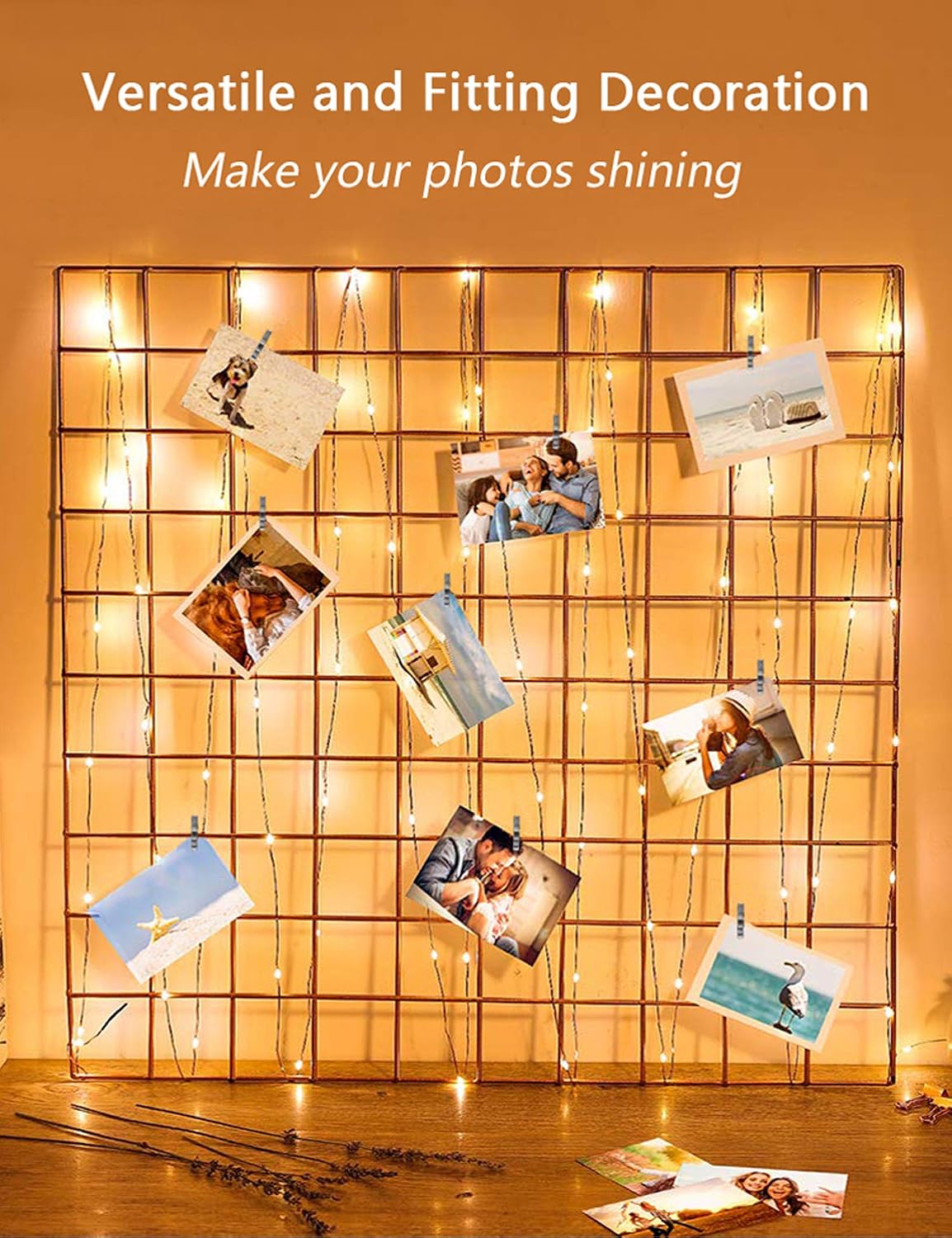 Photos on a grid wall with warm lights